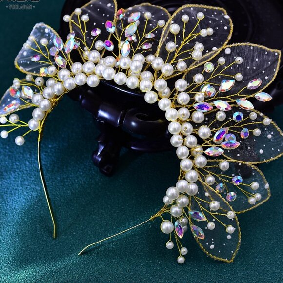 ✨✨Mesh leaf shape pearl fantasy rhinestone crown birthday headdress - Picture 4 of 4